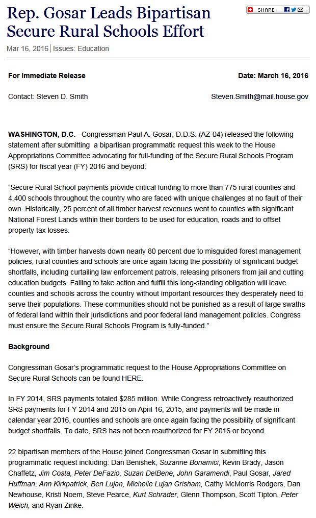 Rep. Paul Gosar's SRS Press Release